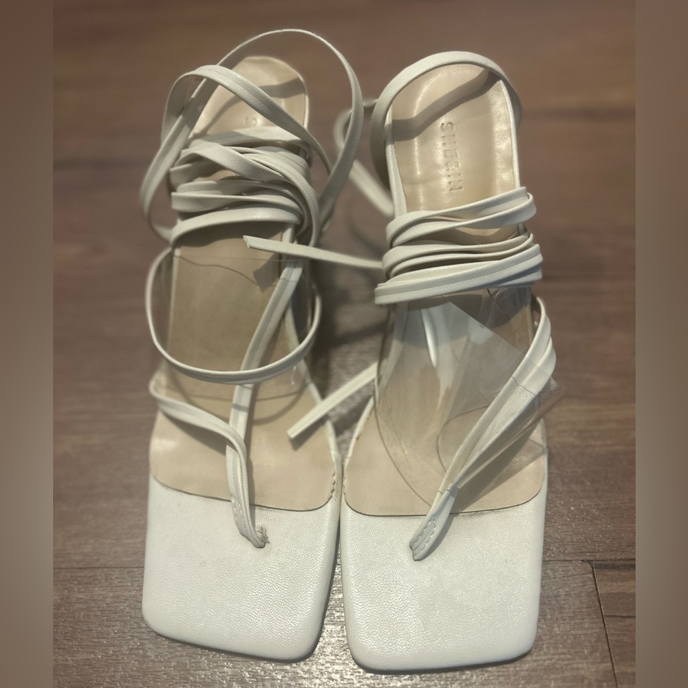Off-White Lace-Up Square Toe Heeled Sandals